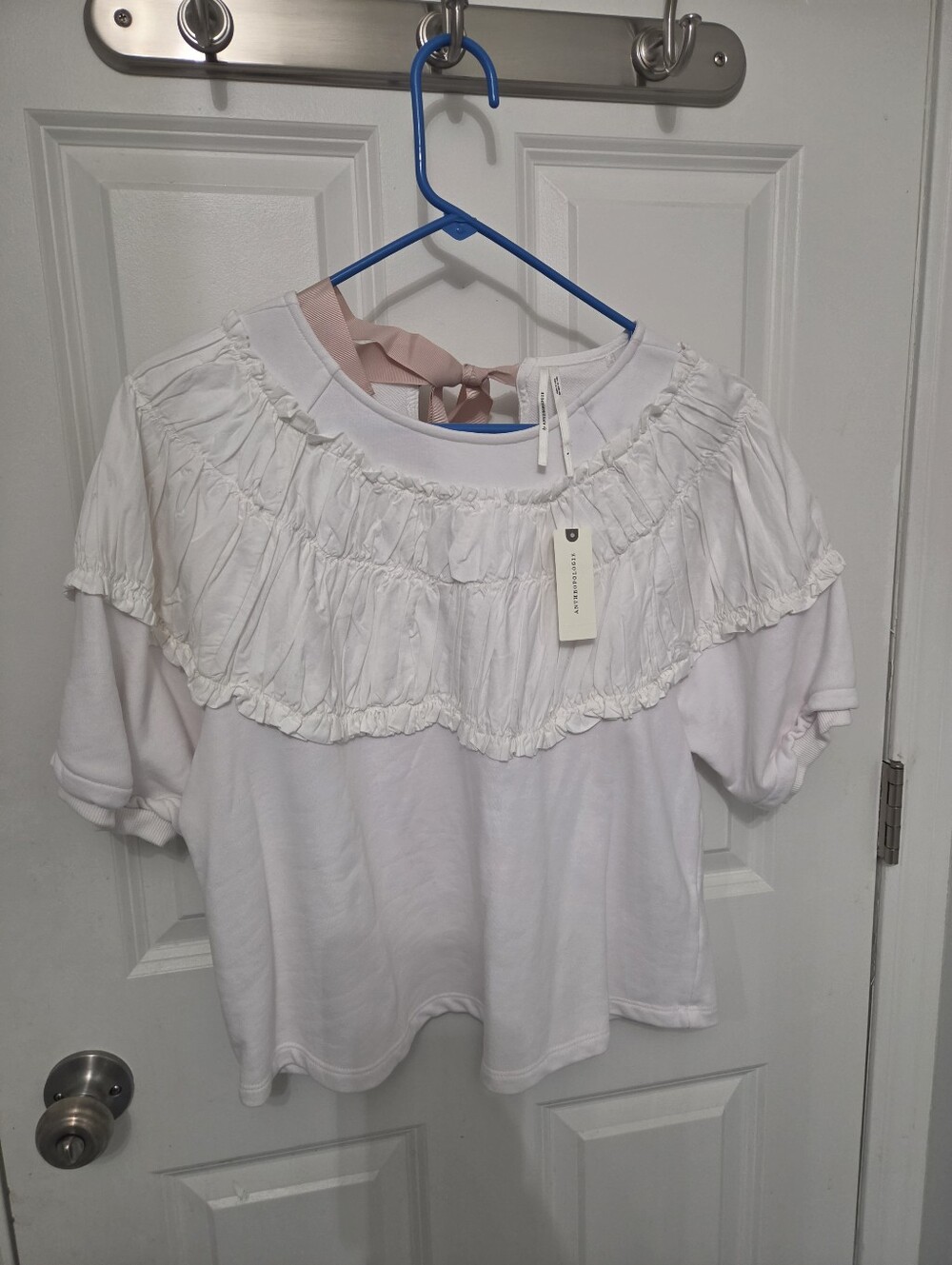 ANTHROPOLOGIE TIE-BACK RUCHED BLOUSE Top White with  Bows Size S